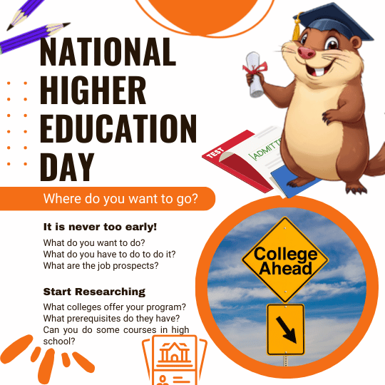 white background with image of a gopher in a grad cap, the words national higher education day. other educational symbols like pencils, road sign, and tests.