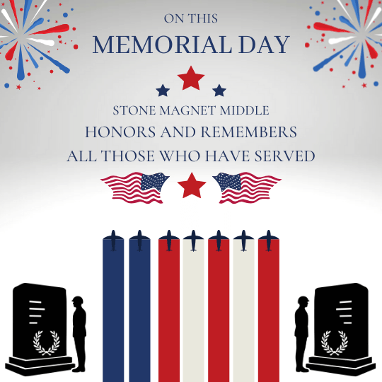 gray background with fireworks and gravestone and the words on this memorial day stone honors and remembers all those who have served