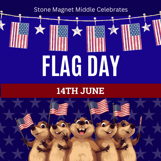 blue background with a string of us flags and gophers waving flags in front of stars and the words stone celebrates flag day 14th of june