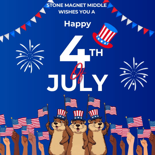 blue background with fireworks, hands waving flags, gophers wearing uncle sam hats waving flags and the words happy 4th of july.