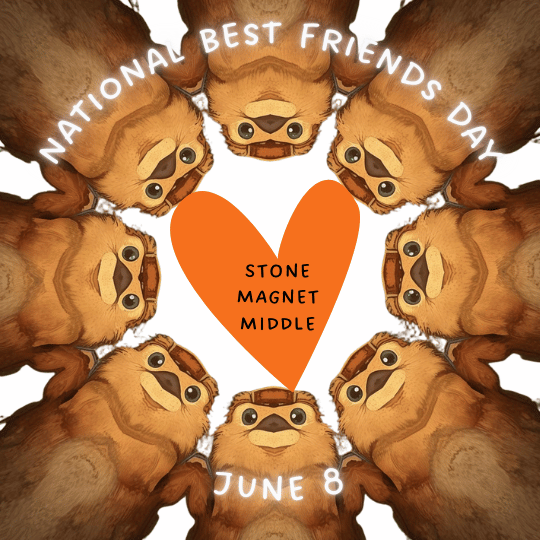 white background, circle of gophers with an orange heart and the words national best friends day stone magnet middle