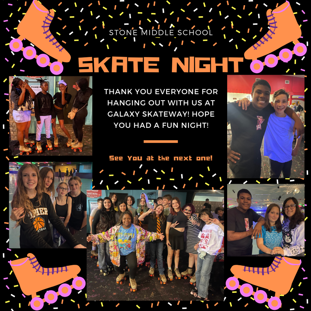 black background with images of confetti, rollerskates and pictures of students at skate night and the words Thank you to everyone for hanging out with us at Galaxy Skateway for Stone's Skate Night to ring in 2026! See you at the next one!