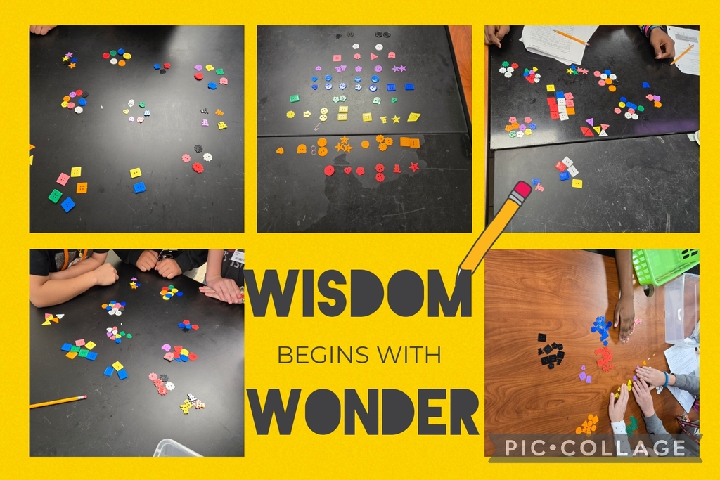 yellow background with  pictures of students hands manipulating different colored tile squares and the words wisdom begins with wonder