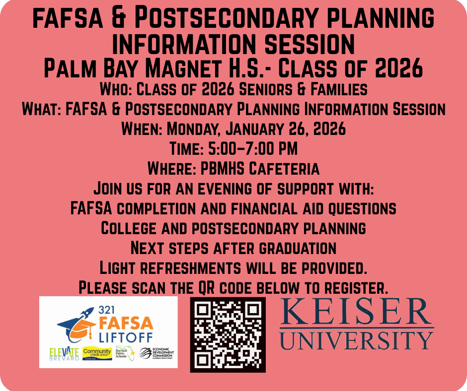 FAFSA Information Session Class of 2026 Monday January 26 at 5 to 7 pm in the PBMHS cafeteria.  Join us for FAFSA support and postsecondary planning/next steps after graduation.  Light refreshments
