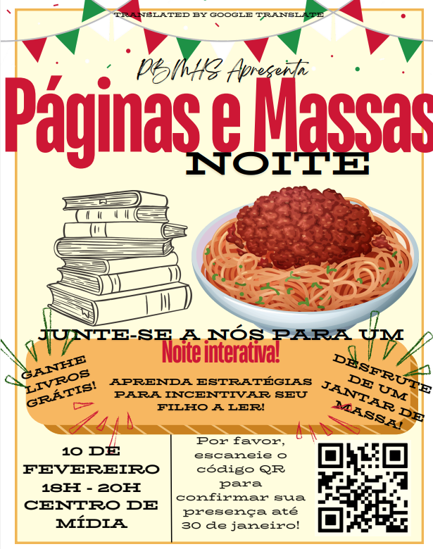 Pages & Pasta Night Join us for an Interactive Night!  Learn Strategies to Engage your Child in Reading!  Get Free books!  Enjoy a pasta dinner!  Feb 10th 6-8 PM in the Media Center  Please RSVP by January 30th