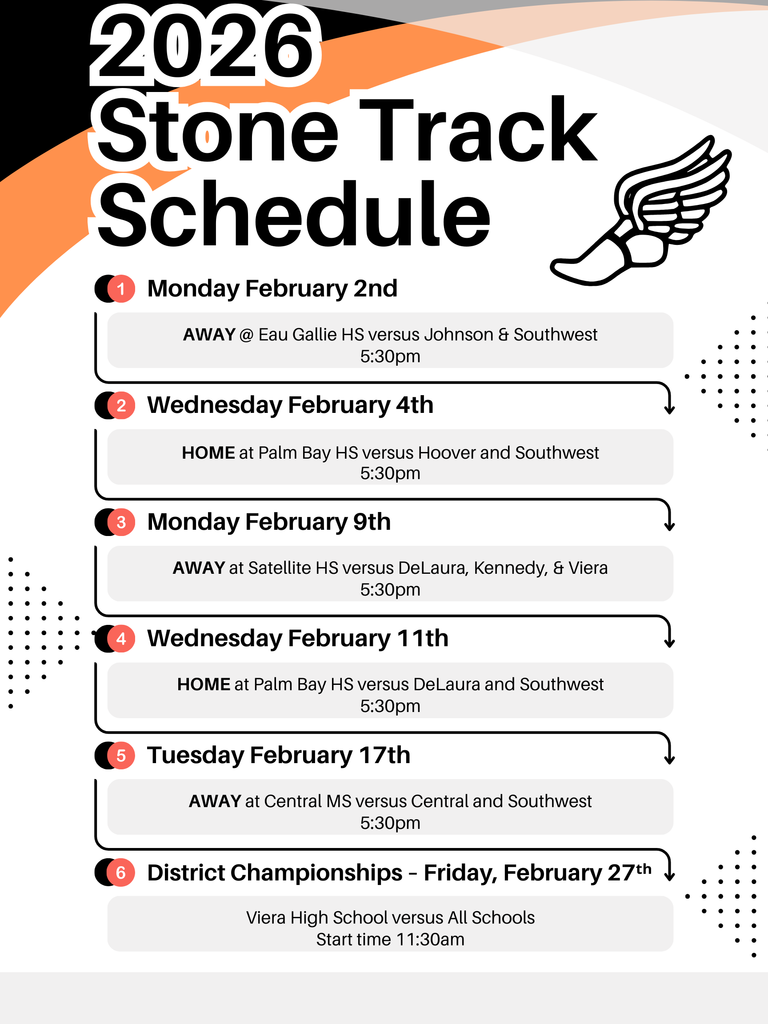 Stone Track Schedule Stone Track Schedule  1. Monday February 2nd    AWAY @ Eau Gallie HS versus Johnson & Southwest    5:30pm  2. Wednesday February 4th    HOME at Palm Bay HS versus Hoover and Southwest    5:30pm  3. Monday February 9th    AWAY at Satellite HS versus DeLaura, Kennedy, & Viera    5:30pm  4. Wednesday February 11th    HOME at Palm Bay HS versus DeLaura and Southwest    5:30pm  5. Tuesday February 17th    AWAY at Central MS versus Central and Southwest    5:30pm  6. District Championships - Friday, February 27th    Viera High School versus All Schools    Start time 11:30am