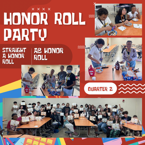 red background with pictures of students and the words honor roll party straight a honor roll ab honor roll quarter 2