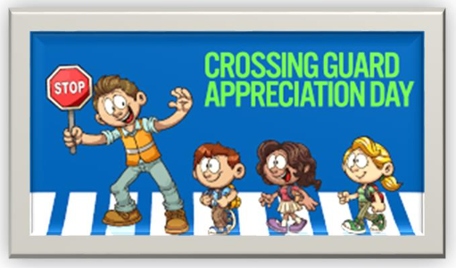 Illustration of crossing guard helping three children cross the street. Crossing Guard Appreciation Day.