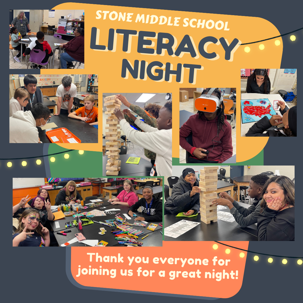 Literacy Night image gray background with string lights and images from literacy night...and the words thank you everyone for joining us for a great night!