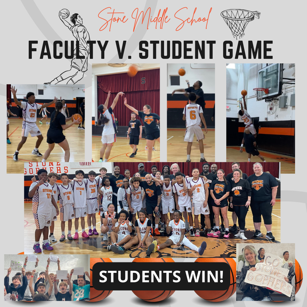 faculty v student post white background, graphics of a net and basketball player and basketballs.  pictures from the event.  the words students win!