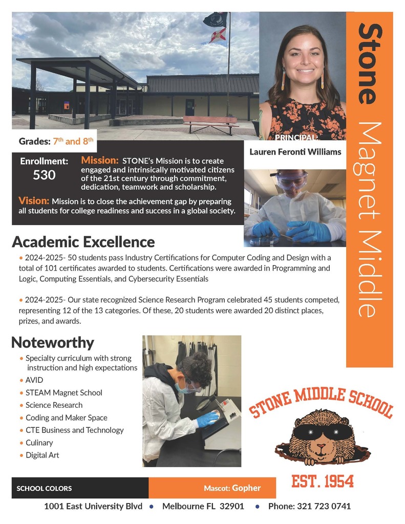 Grades: 7th and 8th Enrollment: 530  Mission: STONE's Mission is to create engaged and intrinsically motivated citizens of the 21st century through commitment, dedication, teamwork and scholarship.  Vision: Mission is to close the achievement gap by preparing all students for college readiness and success in a global society.  PRINCIPAL: Lauren Feronti Williams  Academic Excellence: - 2024-2025: 50 students pass Industry Certifications for Computer Coding and Design with a total of 101 certificates awarded to students. Certifications were awarded in Programming and Logic, Computing Essentials, and Cybersecurity Essentials. - 2024-2025: Our state recognized Science Research Program celebrated 45 students competed, representing 12 of the 13 categories. Of these, 20 students were awarded 20 distinct places, prizes, and awards.  Noteworthy: - Specialty curriculum with strong instruction and high expectations - AVID - STEAM Magnet School - Science Research - Coding and Maker Space - CTE Business and Technology - Culinary - Digital Art  SCHOOL COLORS Mascot: Gopher 1001 East University Blvd, Melbourne FL 32901 EST. 1954 Phone: 321 723 0741