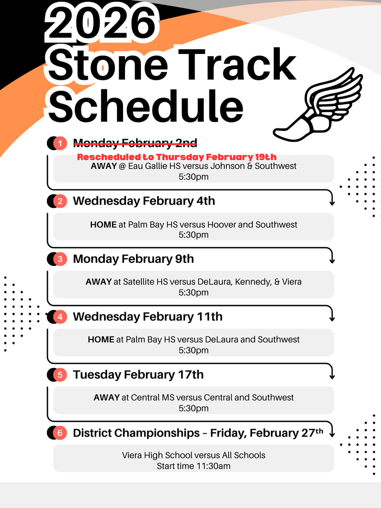 2026 stone track schedule Monday february 2 game rescheduled to thursday february 19 away @eau gallie hs versus johnson and southwest at 5:30pm