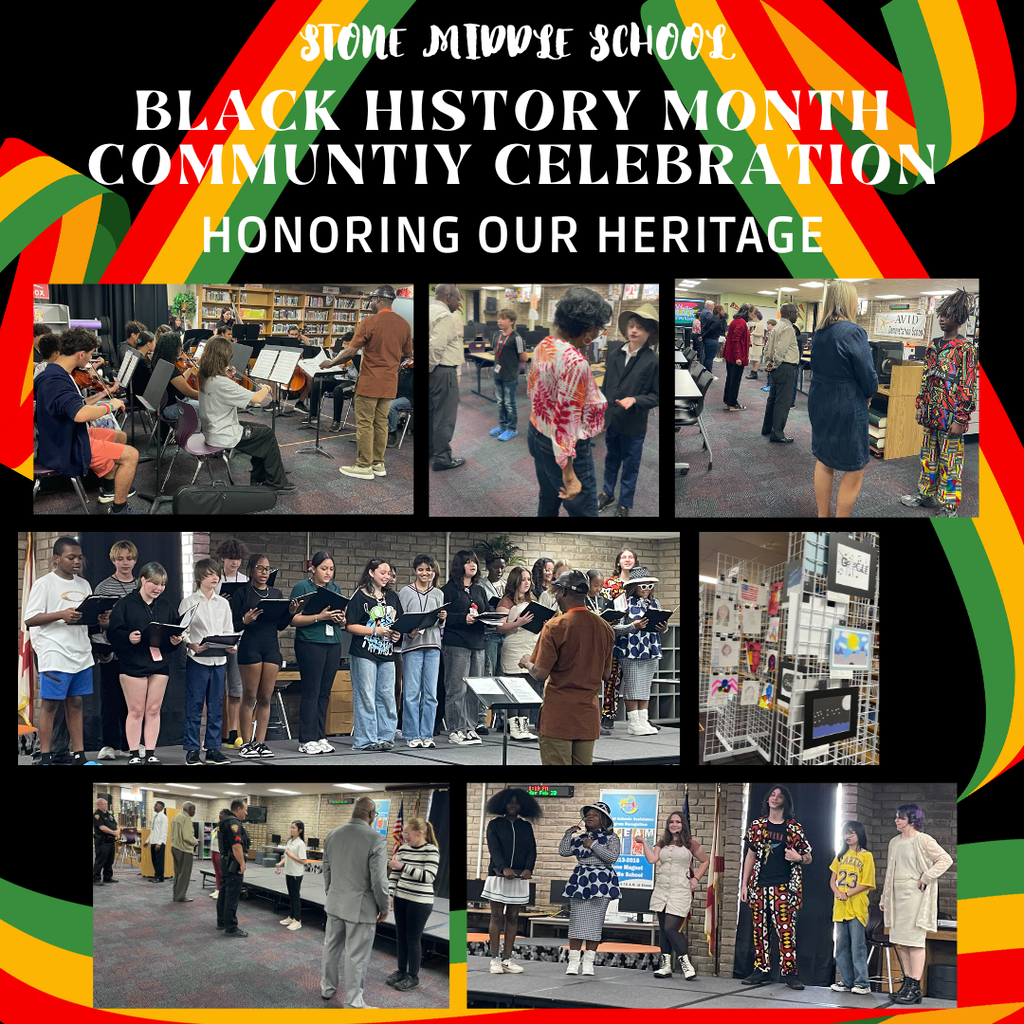 SMMS Black History Program images of student performances and the words stone middle school black history month community celebration honoring our heritage.