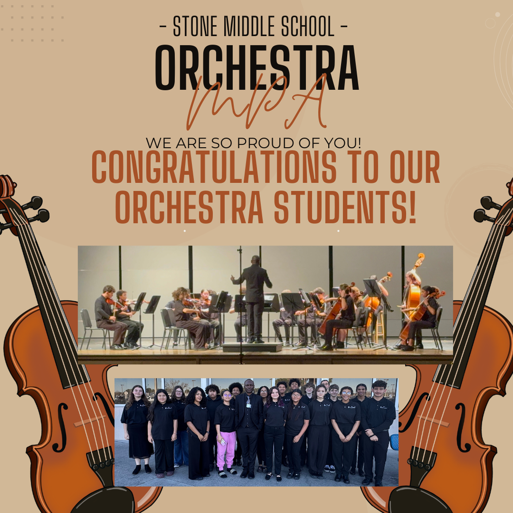 Image of orchestra students and two violins with the words We are so proud of you contratulations to our orchestra students!