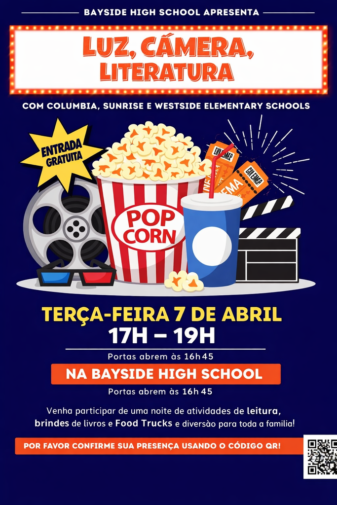 Flyer with Literacy night information on it in Portuguese