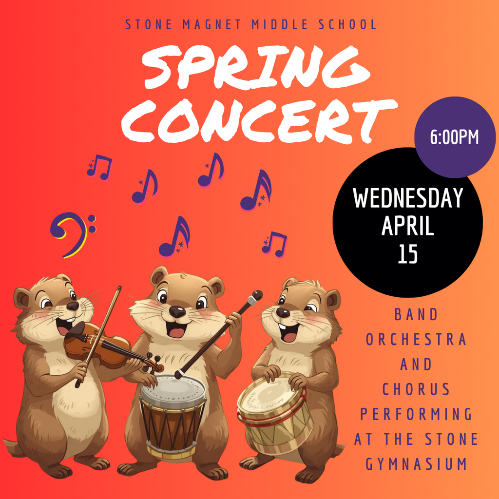 Stone Spring Concert 2026 post with gophers singing and playing instruments and the words spring concert 6pm wednesday april 15 band orchestra nd chorus performing at the stone gymnasium.