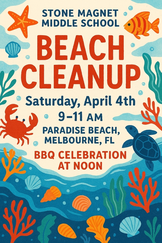 Stone Beach Clean up Saturday, April 4th 9-1am at paradise beach in Melbourne, FL.  BBQ Celebration at Noon!