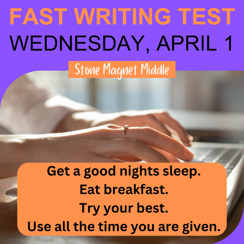 The FAST Writing Test is tomorrow, Wednesday, April 1.  Don't forget to get a good nights sleep, eat breakfast, try your best, and get to school by 9:15am tomorrow! hands typing on laptop. orange and black design colors. 
