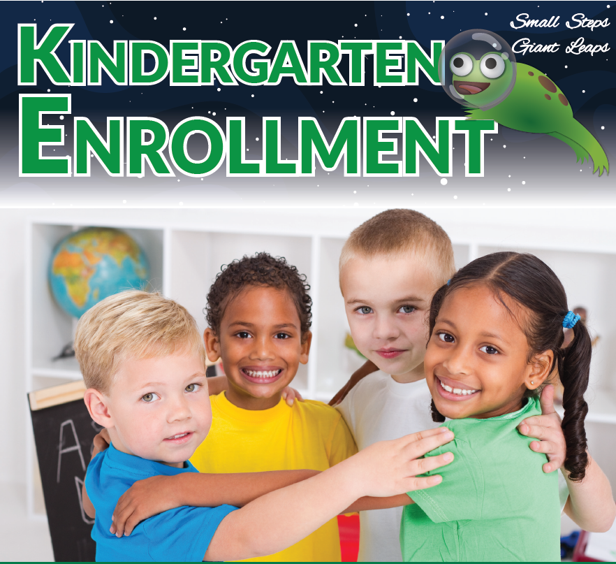 Children with arms around each other, smiling at the camera. Kindergarten Enrollment, small steps, giant leaps.