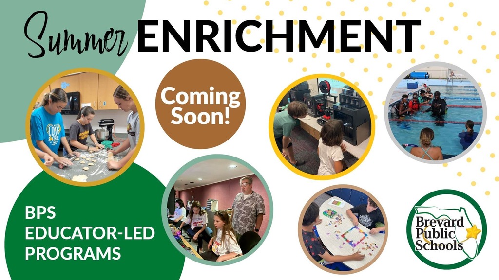Text stating "Summer Enrichment Coming Soon" with circular pictures of various summer activities on a white background