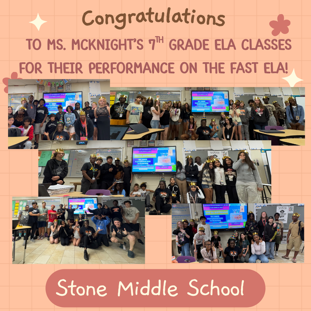 congratulations to ms. mcknight's 7th grade class for their performance on the ela.  Pictures of students having a celebration in class. 
