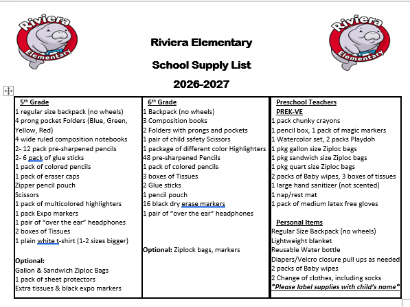 School Supply List Grades 5th and 6th