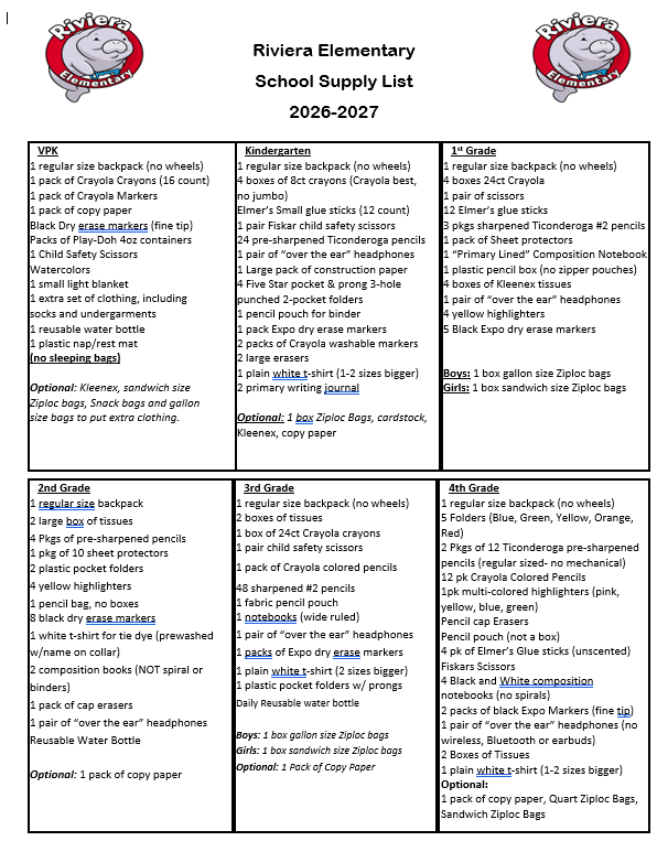 School Supply List Grades VPK-4th