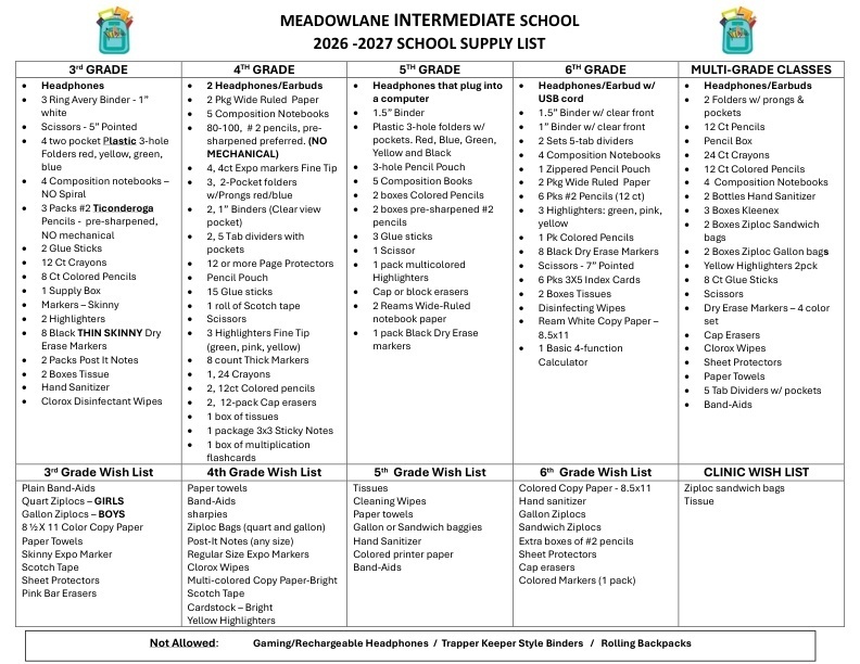 2026-2027 School Supply List