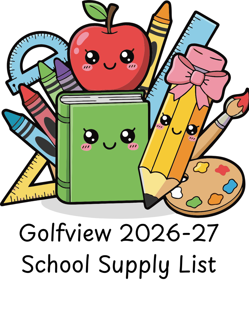 Illustration of school supplies with smiling faces. Golfvie 2026-27 School Supply List.