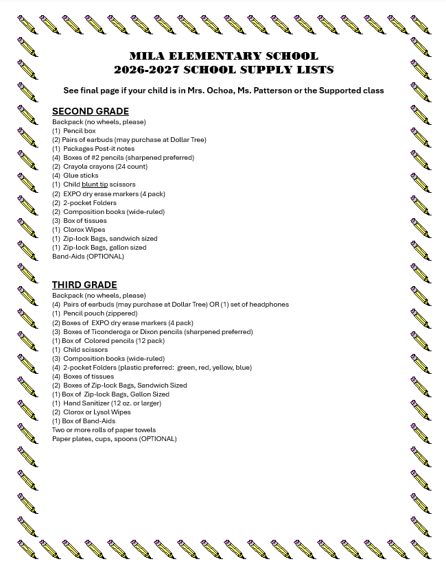 School Supply List for 2nd & 3rd Grade