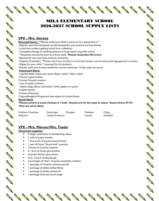 School Supply List for VPK