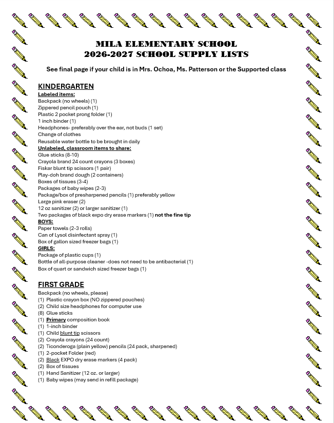 School Supply List for Kindergarten and 1st Grade