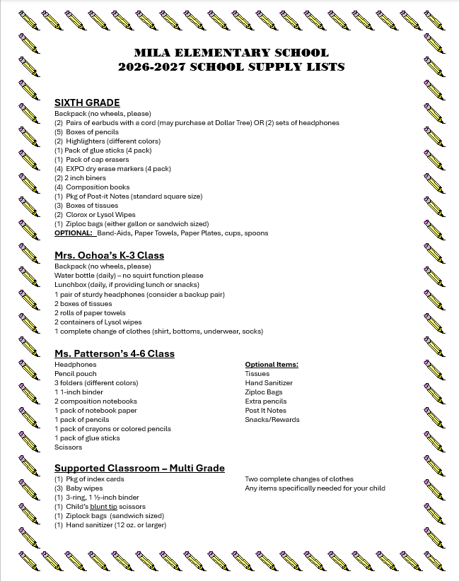 School Supply List for 6th & Multi Grade classes