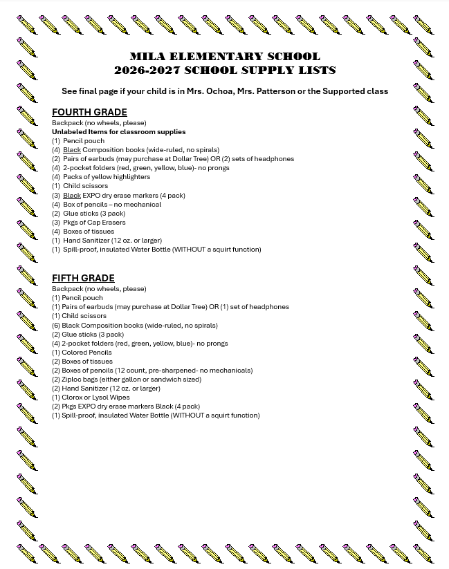 School Supply List for 4th & 5th Grade