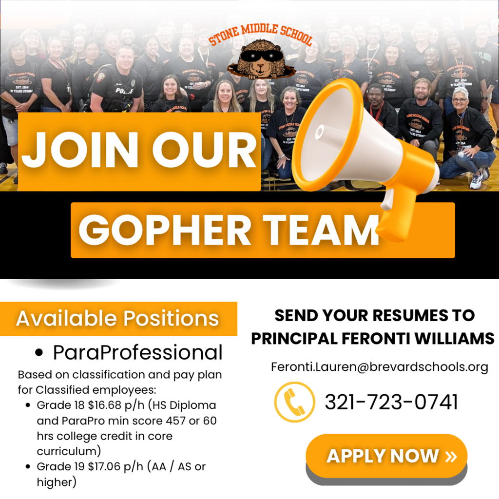 join our gopher team.  available positions as a paraprofessional.  send your resumes to principal feronti williams feronti.lauren@brevardschoools.org. 321-0741