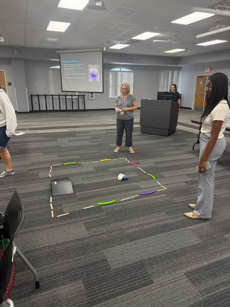 Two educators are participating in a Hands-on STEM challenge in a professional learning activity. Participants are standing around a course made with colorful plastic tubes, a binder as a ramp, and other materials, while  observing the activity.