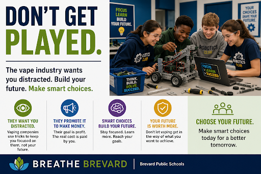 Anti-vaping poster with the headline “DON’T GET PLAYED.” The text states, “The vape industry wants you distracted. Build your future. Make smart choices.” On the right, four students work together on a robotics project with a robot and laptop. Additional messages encourage healthy decision-making: “They Want You Distracted,” explaining that vaping companies use tricks to attract young people; “They Promote It to Make Money,” noting the goal is profit rather than health; “Smart Choices Build Your Future,” encouraging focus on goals, dreams, and success; “Your Future Is Worth More,” emphasizing self-worth over any vape product; and “Choose Your Future,” encouraging healthy choices today for a better tomorrow. The poster promotes avoiding vaping and focusing on education, skills, and future success. Breathe Brevard and Brevard Public Schools logos appear along the bottom.