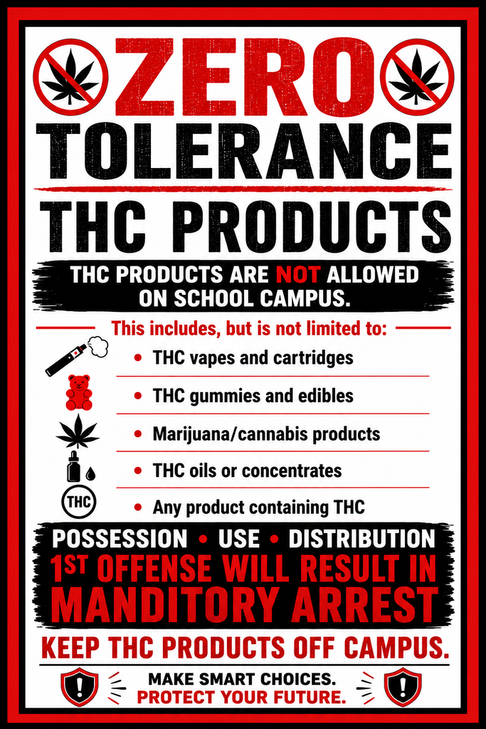 ZERO TOLERANCE THC PRODUCTS THC PRODUCTS ARE NOT ALLOWED ON SCHOOL CAMPUS.  This includes, but is not limited to: ⚫ THC vapes and cartridges ⚫ THC gummies and edibles ⚫ Marijuana/cannabis products ⚫ THC oils or concentrates ⚫ Any product containing THC  POSSESSION USE DISTRIBUTION 1ST OFFENSE WILL RESULT IN MANDATORY ARREST  KEEP THC PRODUCTS OFF CAMPUS! MAKE SMART CHOICES. PROTECT YOUR FUTURE.