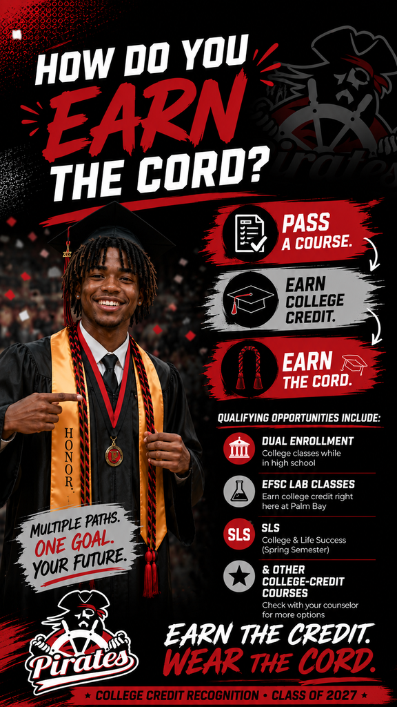 How do you earn the cord? Pass a Course. Earn College Credit. Earn the cord. Qualifying opportunities include: Dual Enrollment - College classes while in high school. EFSC Lab Classes - Earn college credit right here at PBMHS. SLS - College & Life Success (Spring Semester). Other College Credit Courses - Check with your counselor for more options. Multiple Paths. One Goal. Your Future. Earn the Credit. Wear the Cord. College Credit Recognition Class of 2027
