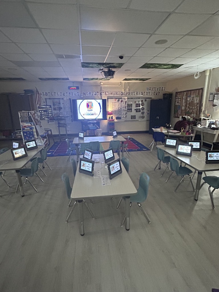 Kindergarten classroom set up for Open House with iPads displaying an “All About Me” activity.