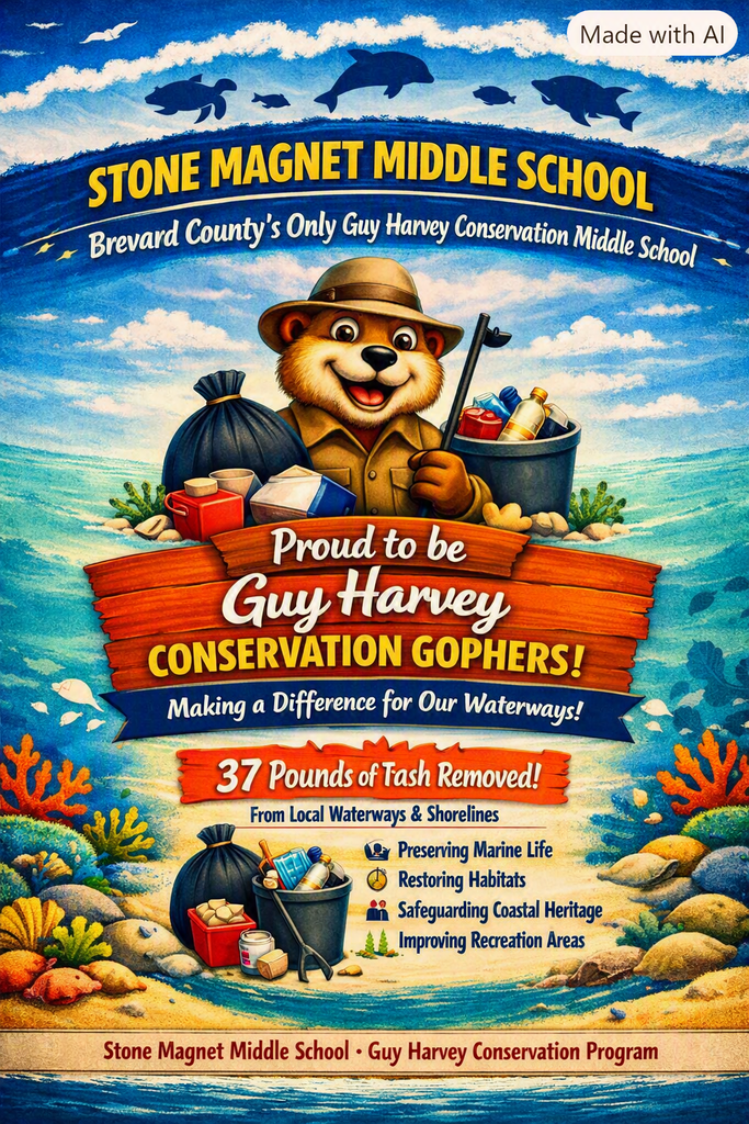 Made with Al STONE MAGNET MIDDLE SCHOOL Brevard County's Only Guy Harvey Conservation Middle School Proud to be Guy Harvey CONSERVATION GOPHERS! Making a Difference for Our Waterways! 37 Pounds of Trash Removed! From Local Waterways & Shorelines Preserving Marine Life Restoring Habitats Safeguarding Coastal Heritage Improving Recreation Areas • Stone Magnet Middle School Guy Harvey Conservation Program image of a cartoon gopher surrounded by cleaned up trash on a beach