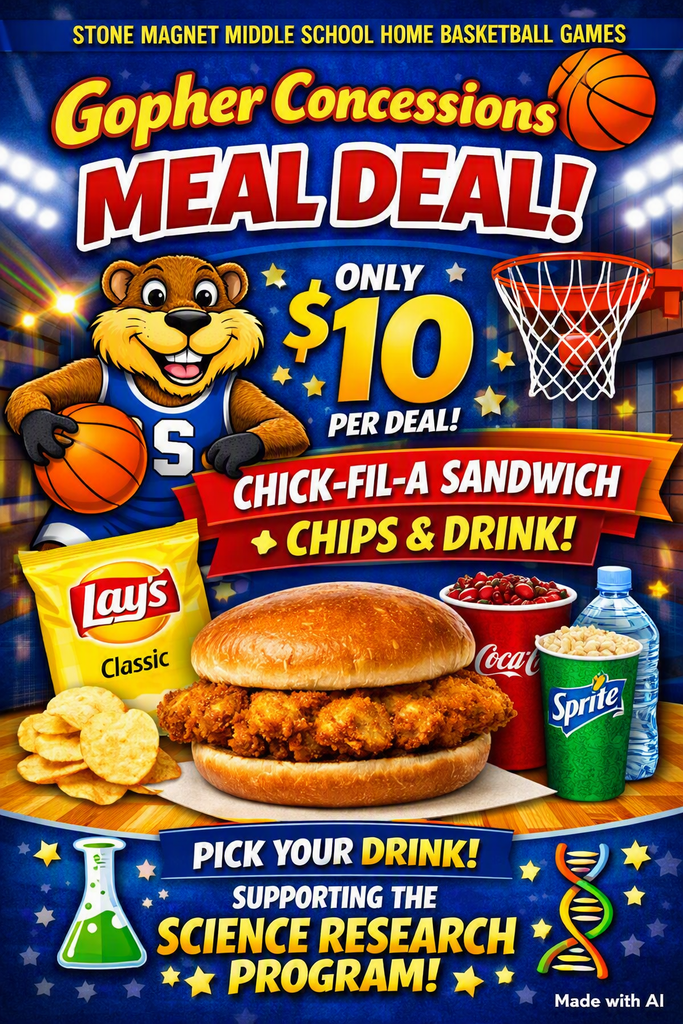 STONE MAGNET MIDDLE SCHOOL HOME BASKETBALL GAMES Gopher Concessions MEAL DEAL! Lay's Classic S ONLY* $10 PER DEAL! CHICK-FIL-A SANDWICH, CHIPS & DRINK! PICK YOUR DRINK! SUPPORTING THE SCIENCE RESEARCH PROGRAM!
