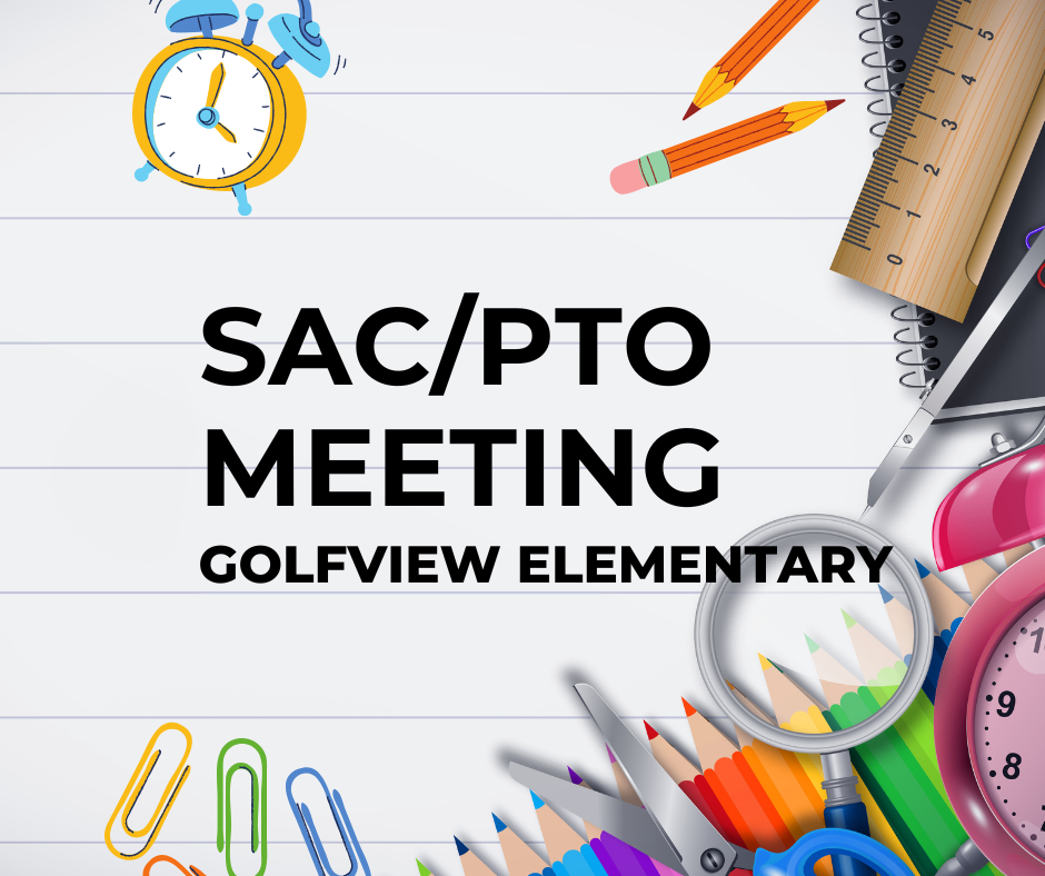Border of school supplies on paper. SAC/PTO Meeting, Golfview Elementary
