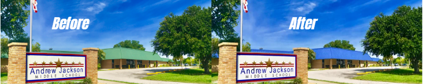 Before and After photos of Andrew Jackson Middle School roof painting.