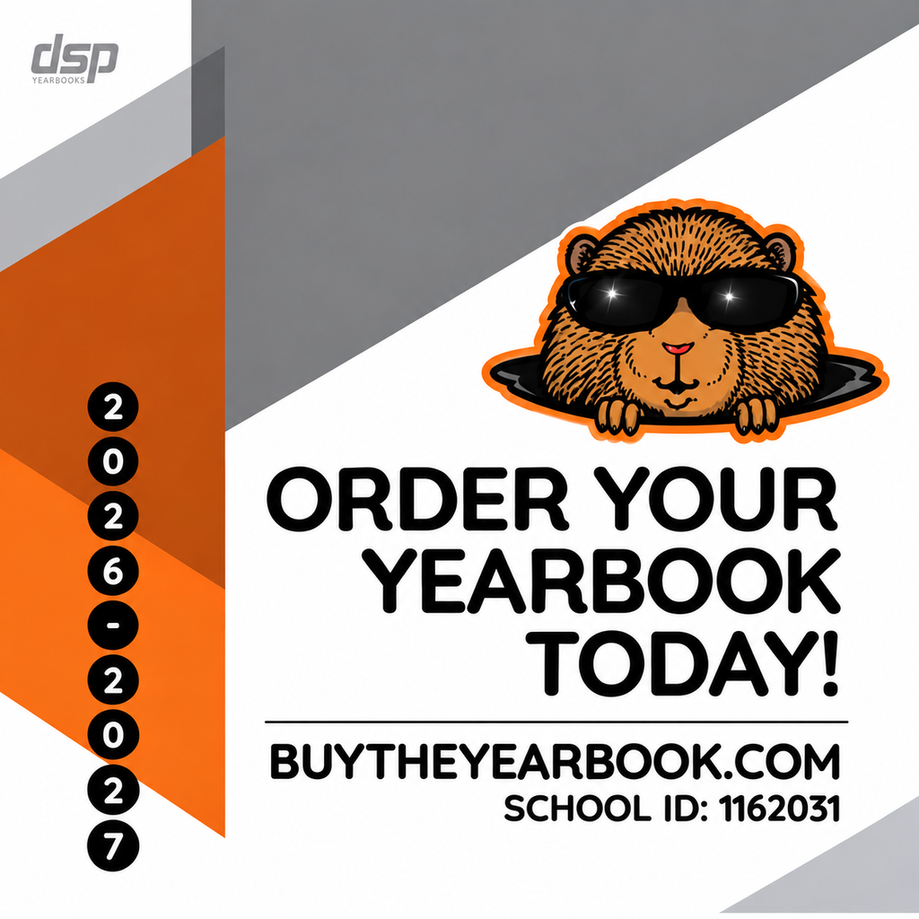 geometric patters in orange gray and white with a qr code and the words YEARBOOKS 2025-2026  Order your yearbook today! Order online at buytheyearbook.com School ID: 1162031