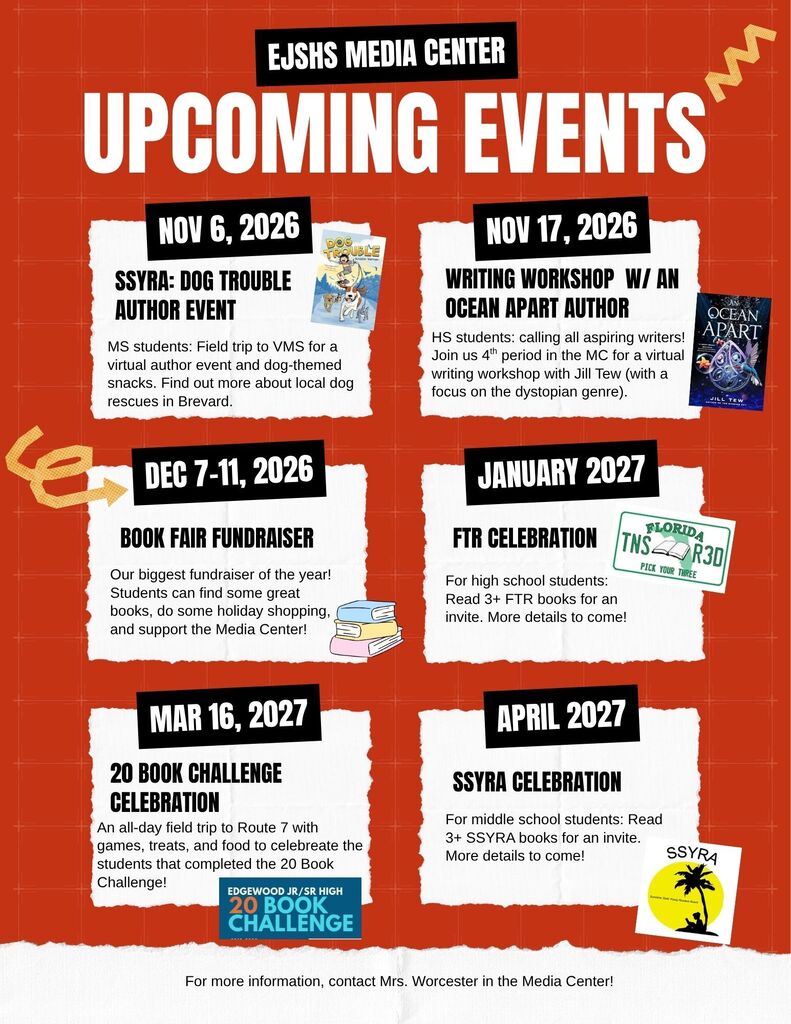 Includes a list of upcoming events in the media center: SSYRA Dog Trouble Author Event (Nov 6), Writing Workshop (Nov 17), Book Fair (Dec 7-11), FTR Celebration (Jan), 20 Book Challenge (Mar), SSYRA Celebration (Apr)