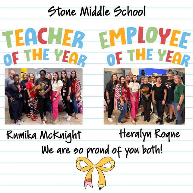 Image of Ms McKnight and Ms Roque receiving their awards for teacher of the year and employee of the year