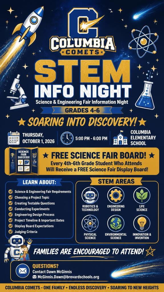 Graphic titled "STEM Info Night: Science & Engineering Fair Information Night - Grades 4-6: Soaring Into Discovery!"  Event Details:  Date & Time: Thursday, October 1, 2026, from 5:00 PM - 6:00 PM  Location: Columbia Elementary School  Special Offer: Every 4th-6th grade student who attends will receive a FREE Science Fair display board (while supplies last).  Topics / Learn About:  Science & Engineering Fair Requirements  Choosing a Project Topic  Creating Testable Questions  Conducting Experiments  Engineering Design Process  Project Timeline & Important Dates  Display Board Expectations  Judging Criteria  STEM Areas Featured: Robotics & Technology, Engineering Design, Life Science, Physical Science, Environmental Science, and Innovation & Invention.  Contact Information: Questions? Contact Dawn McGinnis at McGinnis.Dawn@brevardschools.org.