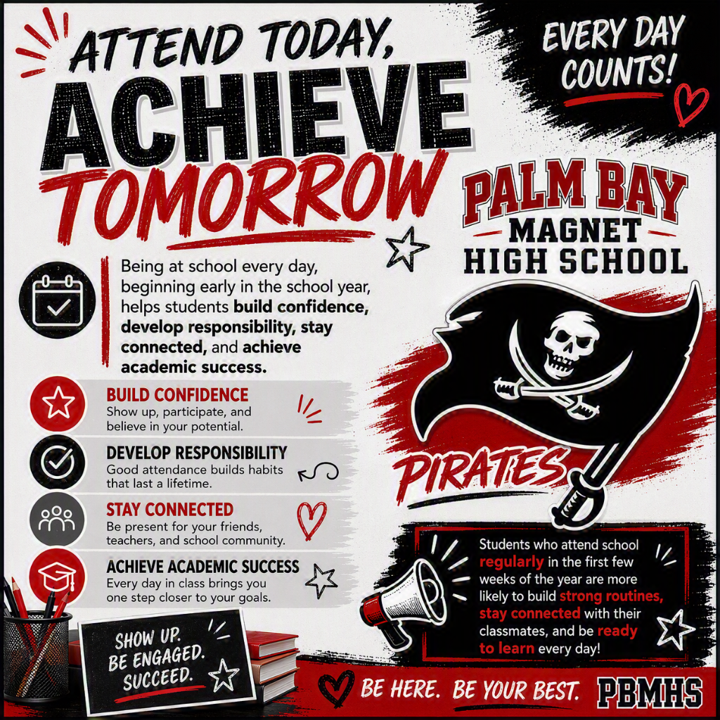 Attend Today, Achieve Tomorrow. Every Day Counts. Palm Bay Magnet High School Pirates. Being at school every day beginning early in the school year, helps students build confidence, develop responsibility, stay connected, and achieve academic success. Students who attend school regularly in the first few weeks of the year are more likely to build strong routines, stay connected with their classmates, and be ready to learn every day! Show up. Be engaged. Succeed. Be Here Be your Best PBMHS