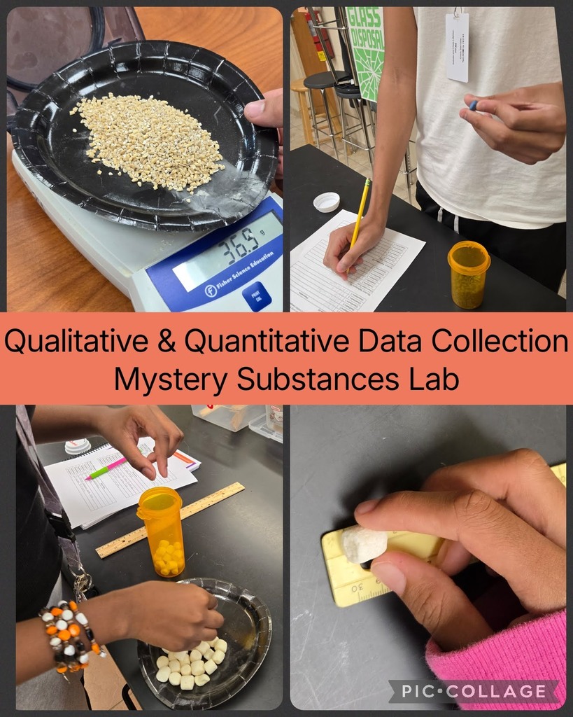 Images of science research students working on qualitative & quatitative data collection through a mystery substances lab